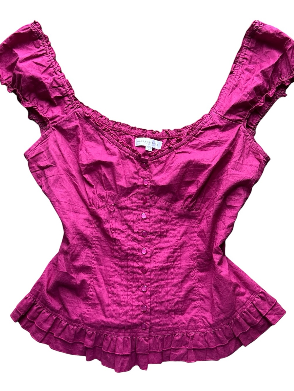 Y2K “Warehouse One” Magenta Pink Ruffle Trim Milkmaid Style Lace-up Blouse